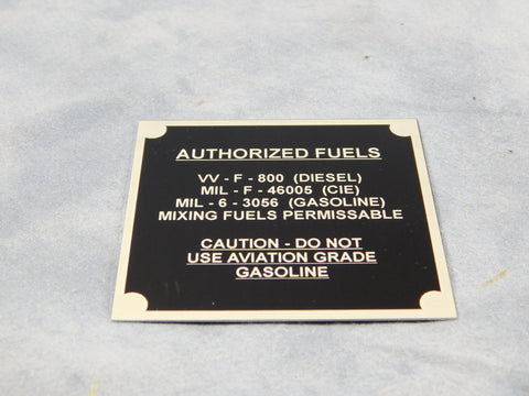 AUTHORIZED FUELS DATA PLATE