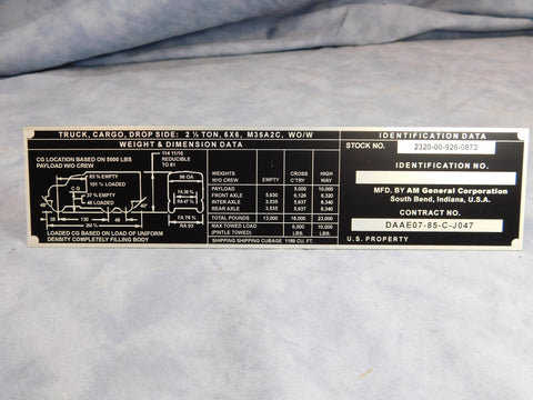 AM GENERAL M35A2C WO/W WEIGHT AND DIMENSION DATA PLATE