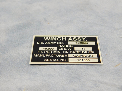 WINCH ASSEMBLY/ MANUFACTURER DATA PLATE