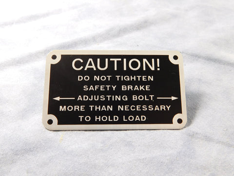 WINCH SAFETY BRAKE ADJUSTING BOLT DATA PLATE